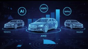 次期レヴォーグとカローラツーリング・マツダ6など競合車の性能・価格・安全技術を比較した図解