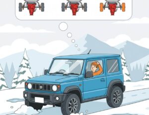 雪道で発進に困るFF車ドライバーのシーン。