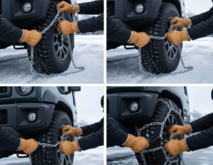 FF車が雪道用チェーンを前輪に装着している様子。