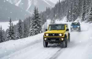 雪道を安全に走る軽自動車のイメージ