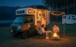 スズキ キャリイベースの4人乗り軽トラでキャンプを楽しむ様子