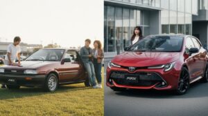 2026年モデルとして北米で発表されたCorolla Hatchback FX Editionの外観。白ホイールとブラックスポイラーを備えた最新FXの特徴を示す。