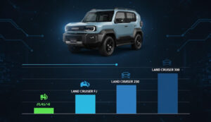 ランドクルーザーFJの予想価格帯と競合モデル比較表。ランクル250やランクル300、RAV4との価格帯比較が視覚でわかる画像。