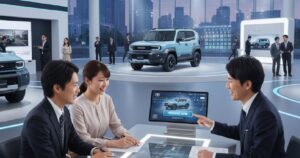 ランドクルーザーFJの予約開始を示す視覚画像。ディーラー店舗と予約受付イメージが含まれるアイキャッチ。