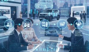 ランドクルーザーFJをディーラーで予約する手順フロー図。書類提出や手付金支払いの流れが分かる画像。