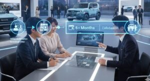 ランドクルーザーFJの抽選販売イメージ。倍率、当選確率、店舗ごとの差異を示した視覚的な抽選イラスト。