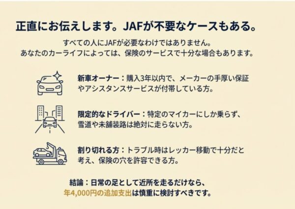 新車オーナーや限定的なドライバーなど、JAFへの加入を慎重に検討すべきケースをまとめたイラスト。
