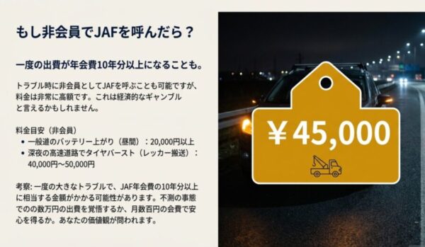 夜間の道路を背景に、45,000円という高額な救援費用が発生するリスクを強調したイメージ画像。
