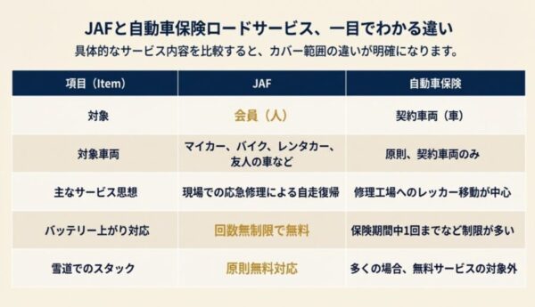 対象車両、主なサービス思想、バッテリー上がり対応、雪道スタックの4項目におけるJAFと自動車保険の違いをまとめた表。