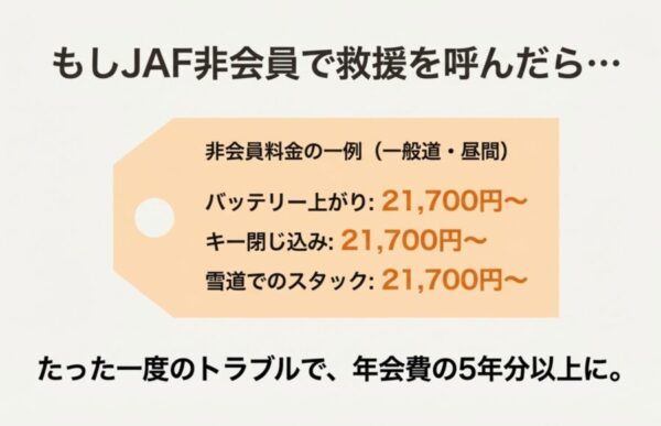 バッテリー上がりやキー閉じ込みなどで非会員が救援を呼んだ場合、一回につき21,700円以上の高額な費用がかかることを示す料金表。