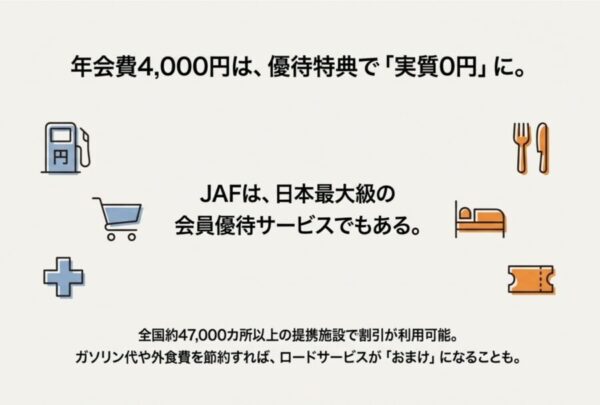 全国約47,000カ所以上の施設で使える割引優待により、年会費4,000円が実質0円になる仕組みを説明したイラスト。