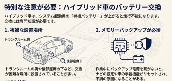 設置場所の複雑さやメモリーバックアップの必要性など、ハイブリッド車特有の交換難易度について。