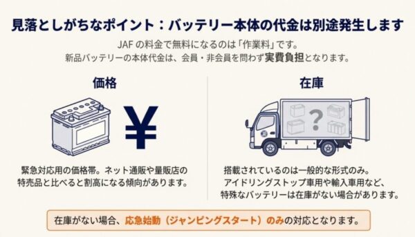 バッテリー本体代金は有料であることや、アイドリングストップ車等の特殊な在庫がない場合は応急始動のみになることを説明する画像。