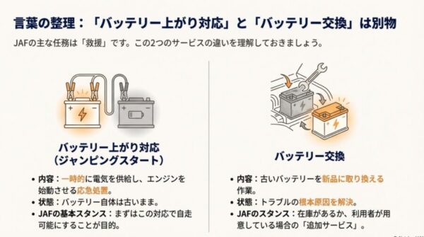 一時的にエンジンをかける応急処置と、新品に取り換える根本解決の違いを比較したイラスト。
