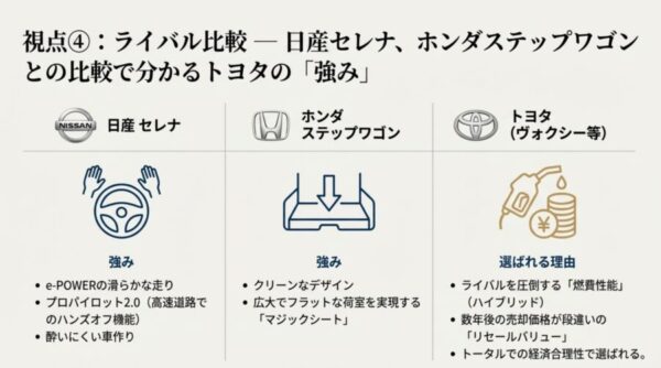 日産セレナのハンズオフ機能やホンダステップワゴンのマジックシートなど、競合車の強みを比較したアイコン図