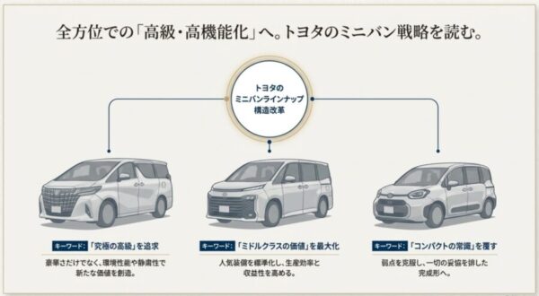 アルファードの究極の高級、ヴォクシーのミドルクラス価値、シエンタのコンパクトの完成形を示すラインナップ戦略図