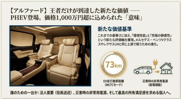 アルファードPHEVの豪華な後席内装と、EV走行換算距離73kmや給電機能を示すスペック