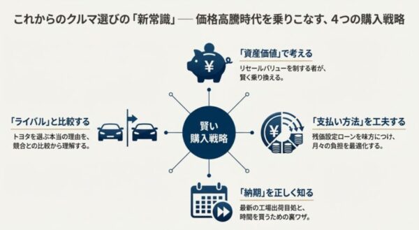 資産価値、ライバル比較、支払い方法、納期の4つの視点から考える賢い車選びの戦略図