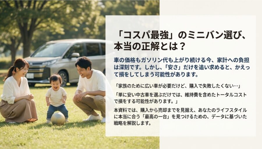 笑顔の家族とミニバンのイメージ画像、コスパ最強のミニバン選び戦略