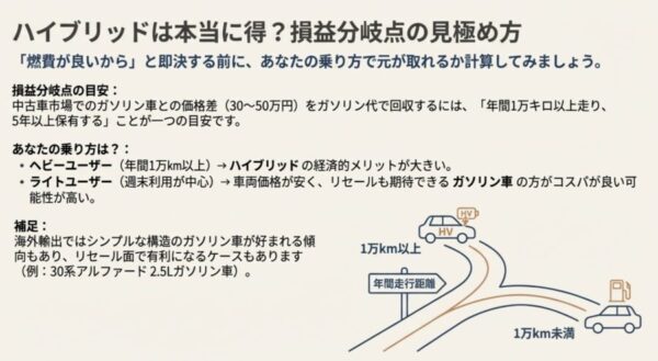 年間走行距離1万キロを基準に、ハイブリッドが得かガソリン車が得かを示す分岐点のイラスト