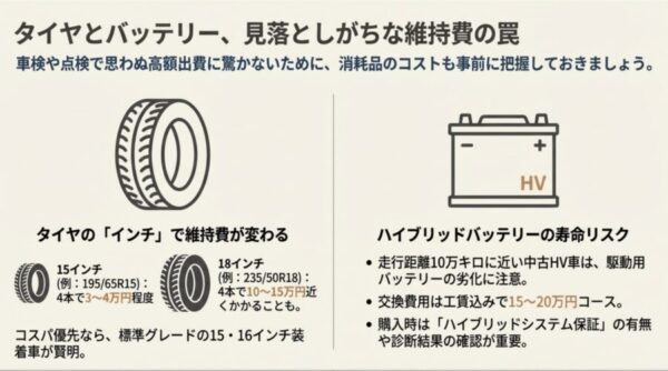 タイヤのインチサイズによる価格差と、ハイブリッドバッテリーの交換リスクを示すアイコン