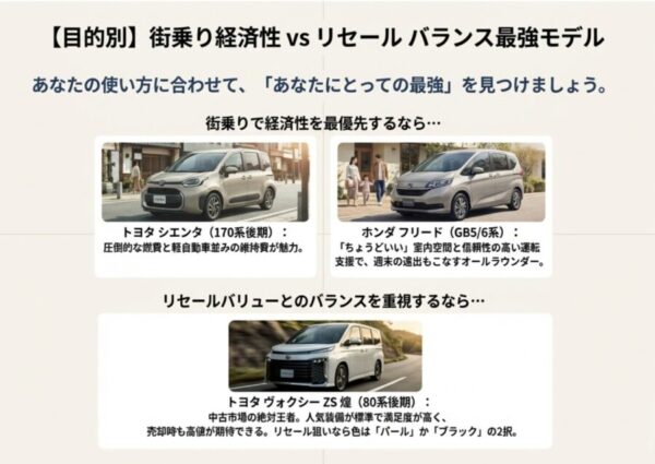 街乗り経済性のシエンタ・フリードと、リセール重視のヴォクシーの写真と特徴紹介