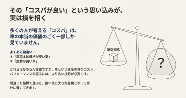 車両価格と見えないコストを天秤にかけているイラスト、「安さ」の思い込みへの注意喚起