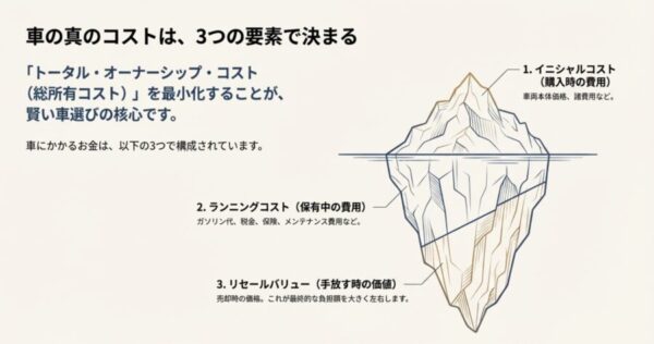 車の費用構造を表す氷山の図。イニシャルコスト、ランニングコスト、リセールバリューの3要素