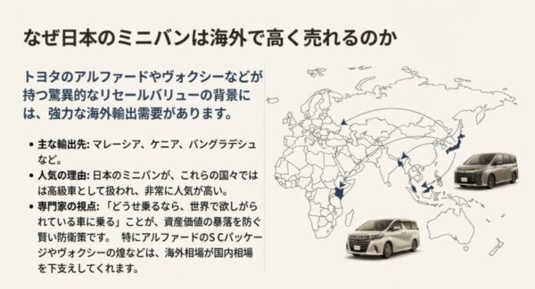 日本からマレーシアやケニアなどへミニバンが輸出されるルートを示した世界地図