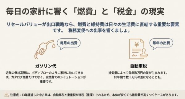 毎月の出費であるガソリン代と毎年の出費である自動車税を表すアイコンイラスト