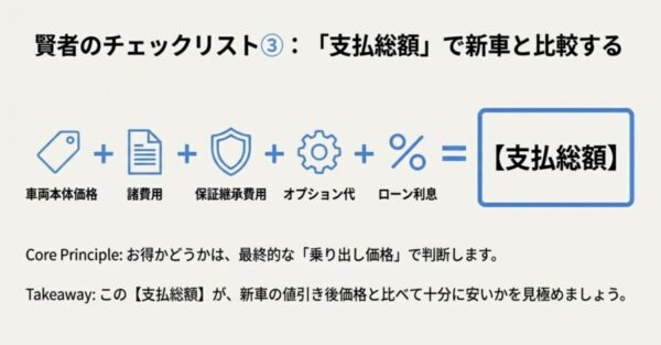 : 車両本体価格だけでなく諸費用や保証継承費用を含めた乗り出し価格での比較計算式