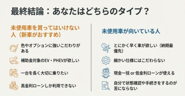 こだわり派は新車、納期優先派は未使用車という適性判断のチェックリストまとめ