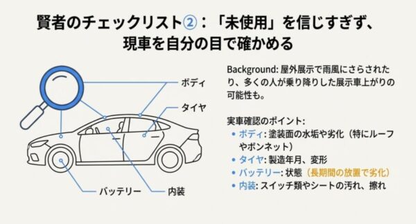 ボディの塗装、タイヤ、バッテリー、内装など未使用車の状態を確認する際の重要項目