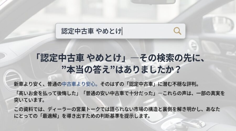 定中古車を選ぶ際の4つの判断基準（価格の真実、保証の注意点、輸入車の基準、最終判断）を示した概要図。