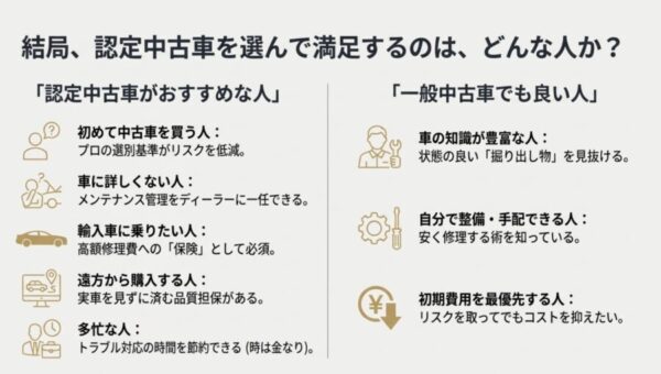車の知識レベルとリスク許容度に応じて、認定中古車を選ぶべきか一般中古車を選ぶべきかを判断するための属性別チャート。