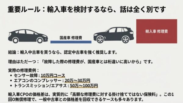 輸入車（BMW等）のセンサー故障やエアコン故障にかかる修理費用の目安と、認定中古車保証の優位性を示す図。