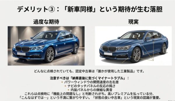 BMWを例に、パワーウィンドウの左右差や内装パネルの異音など、認定中古車でも起こりうるマイナートラブルを示した図。