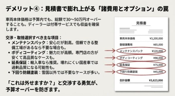 車両本体価格に対し、メンテナンスパックやボディコーティングなどのオプション費用が加算され、総額が高くなる見積書の例。