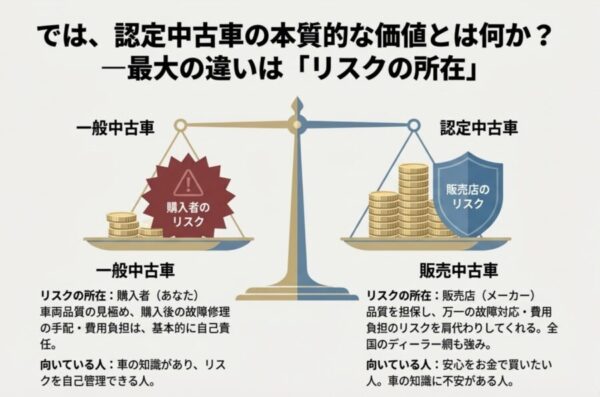 一般中古車は購入者がリスクを負い、認定中古車は販売店がリスクを負うという構造的な違いを示した比較図