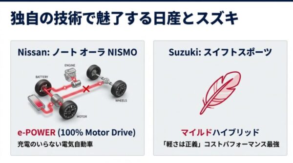 日産e-POWERとスズキマイルドハイブリッドの技術比較