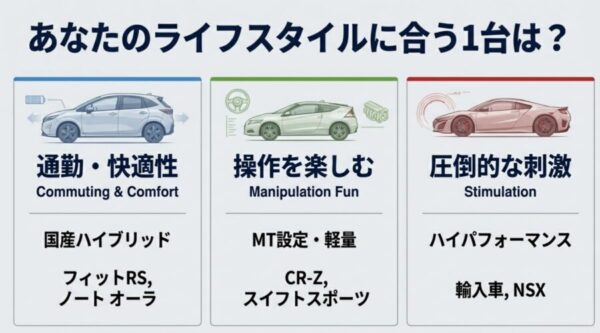 ライフスタイルに合わせたハイブリッドスポーツカーの選び方チャート