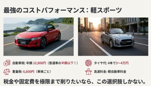 ホンダS660とダイハツコペンの写真と、自動車税10,800円などの維持費の安さを示した図