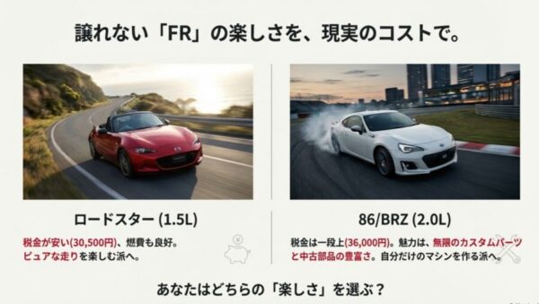 マツダロードスターとトヨタ86の写真を使用し、1.5Lと2.0Lの税金の違いや特徴を比較した図