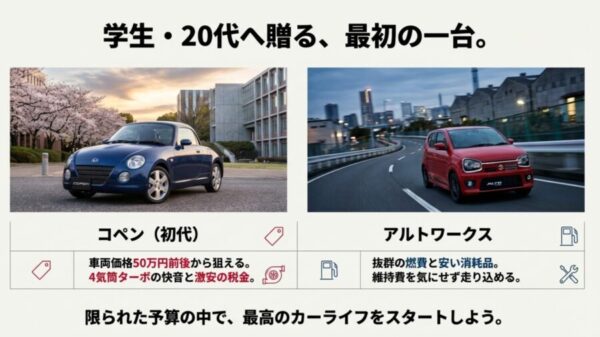 初代コペンとアルトワークスの写真を使用し、車両価格の安さと維持費のメリットを紹介した図