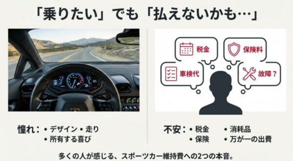 スポーツカーの運転席の風景と、税金・保険料・車検代・故障などの維持費に対する不安を表したイメージ図