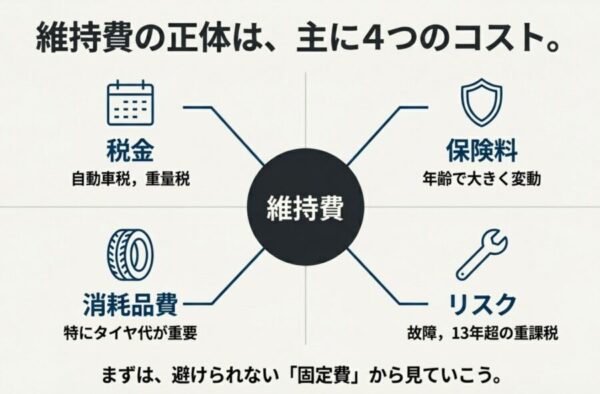 維持費の内訳となる税金、保険料、消耗品費（タイヤ代）、故障リスクの4要素を解説した図