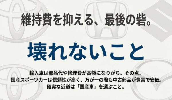 輸入車と比較した際の国産スポーツカーの部品代の安さと故障リスクの低さを強調したイメージ