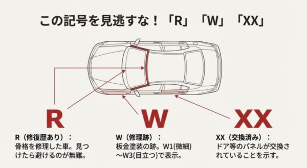 車両状態評価書に記載されるR（修復歴）、W（修理跡）、XX（交換済み）の記号解説図