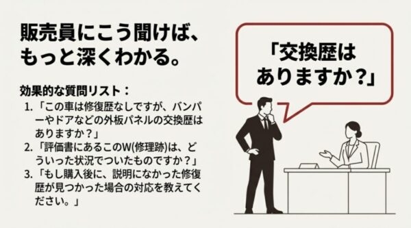 中古車購入時に販売員へ修復歴や交換歴について質問している様子のイラスト