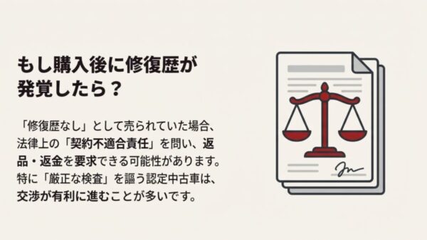 購入後に修復歴が発覚した場合の契約不適合責任と法的対応を示す天秤と書類のイメージ
